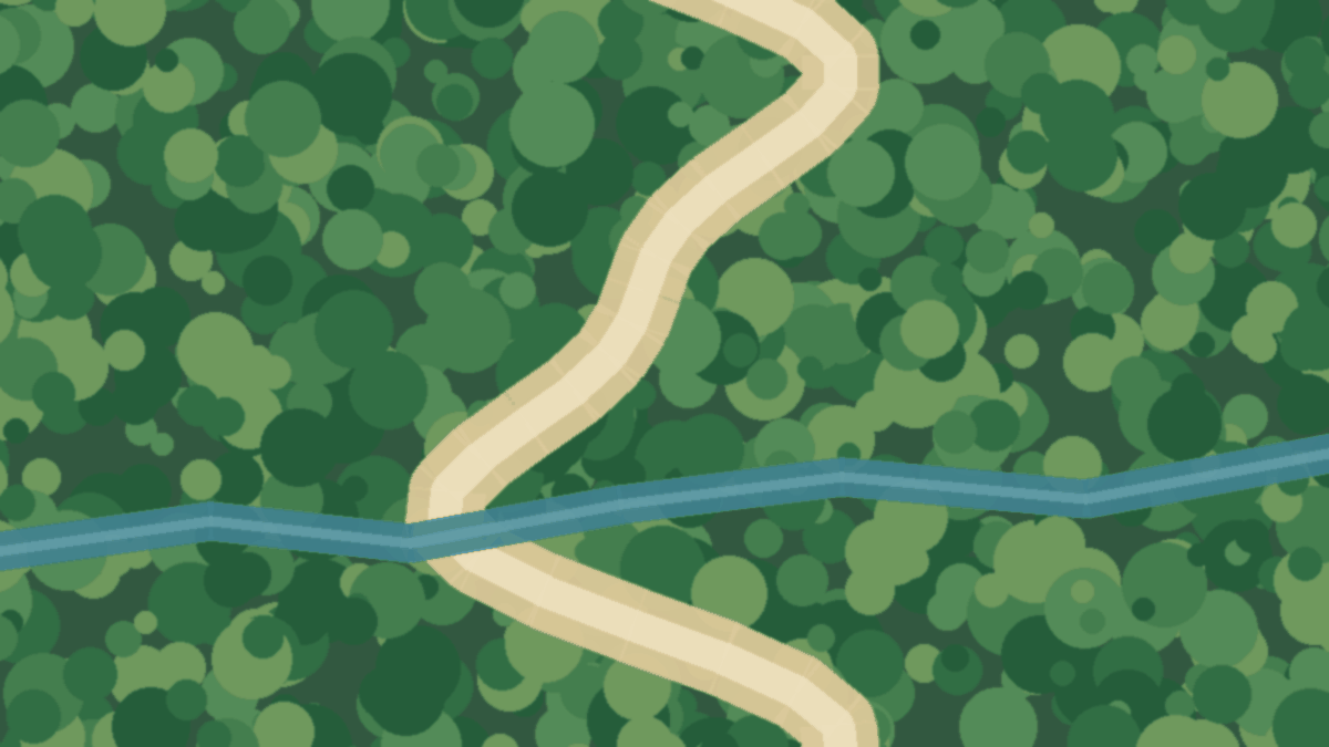 An original aerial-style illustration of a path through a forest canopy