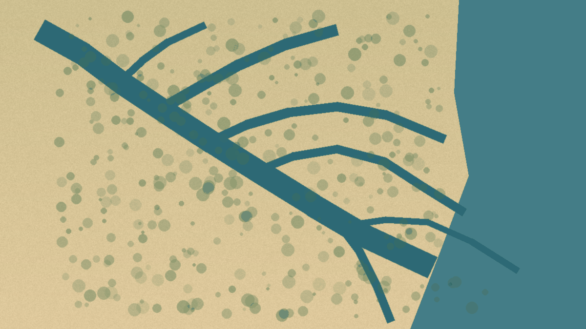 An original aerial-style illustration of a river branching into a delta